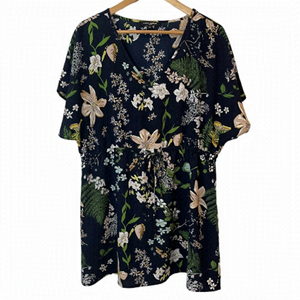 Mario Serrani Floral Tunic Top Sz L Navy Blue Lightweight Swim Cover Shirt EUC
